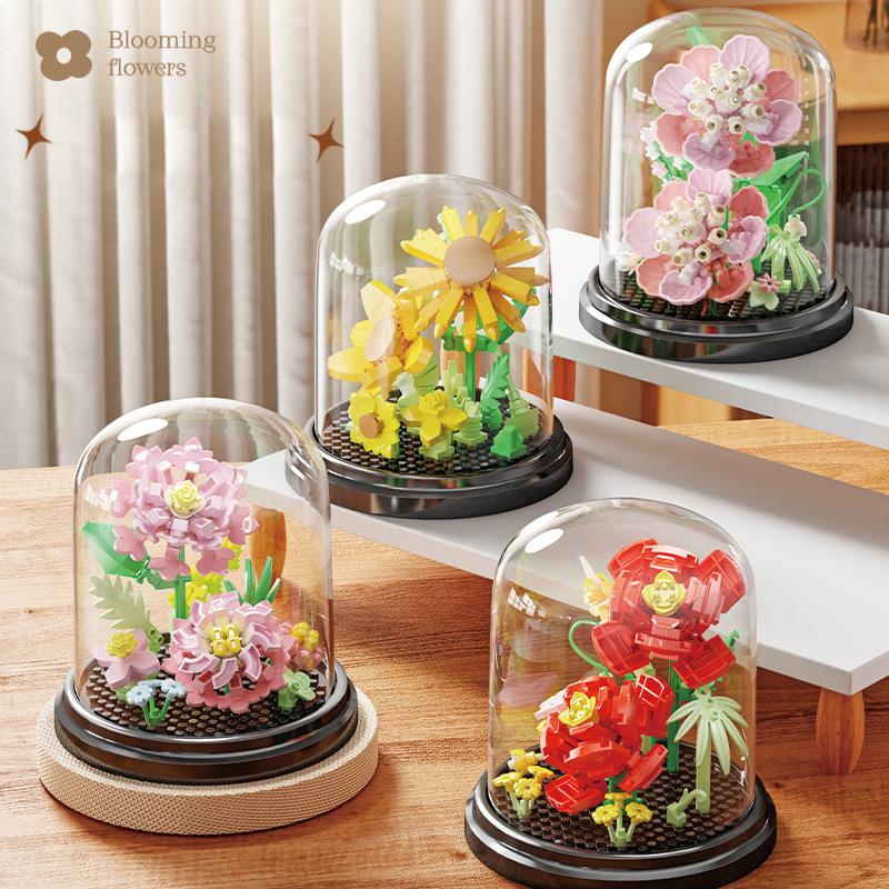 Idea Plant Flower Micro Diamond Block Sunflower Peach Blossom Rose Nanobricks Construction Brick Toys Display Stand For Gifts