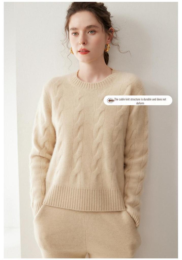 Women's Fashionable Cashmere Cable Knit Pullover - Solid Color, Round Neck, Drop Shoulder, Age-Reducing Wool Sweater