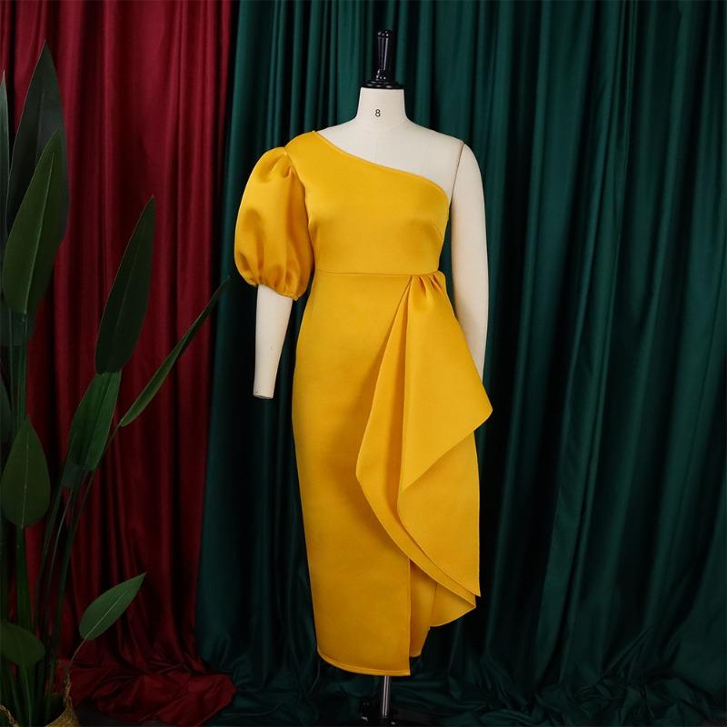 Abito da cocktail midi elegante da donna, monospalla, con maniche a sbuffo, vita alta e spacco