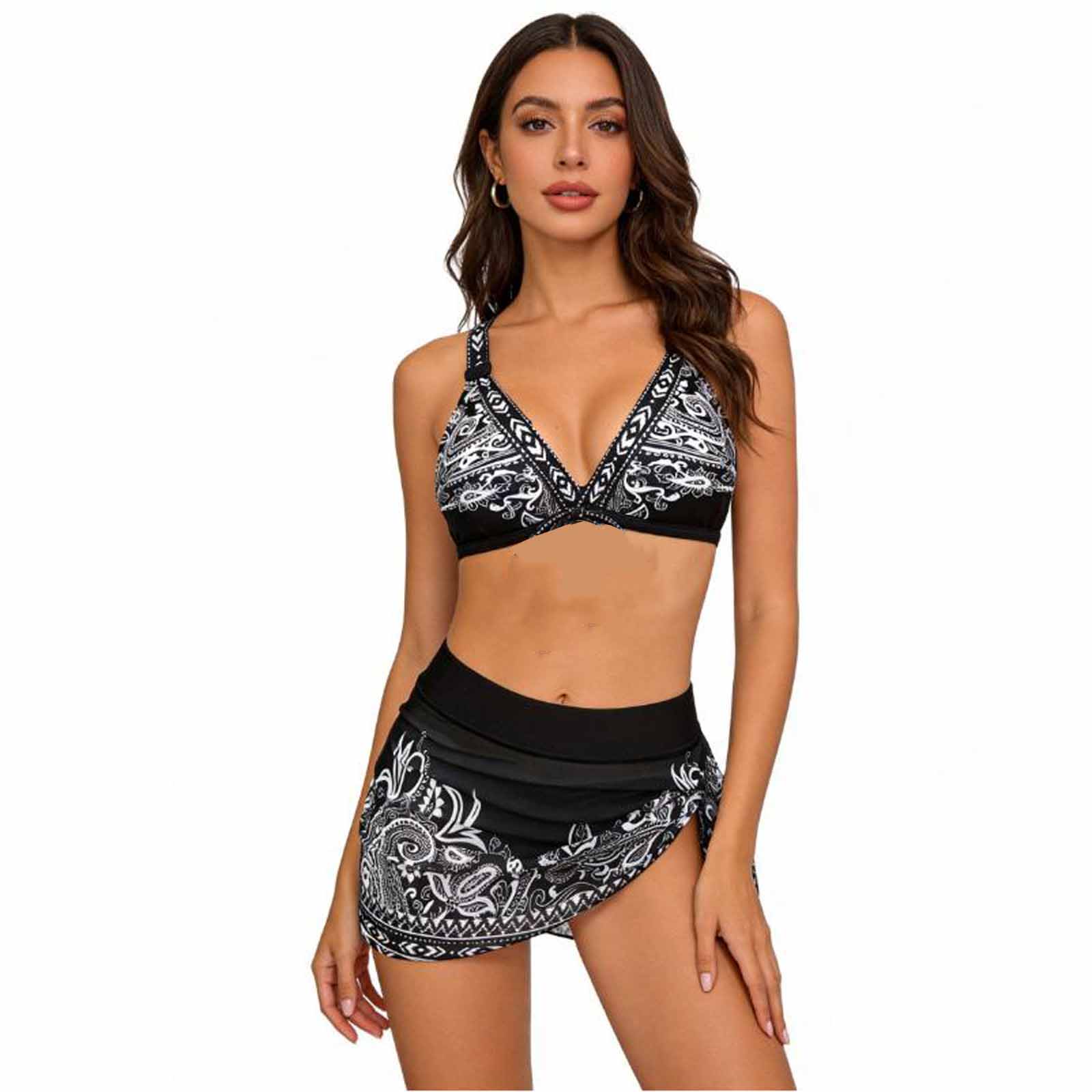 

Womens Three Piece Bikini Set Ruched Gathered Swimwear Sexy 3 Piece Swimsuit with Cover Up Beach Vacation Bathing Suit L