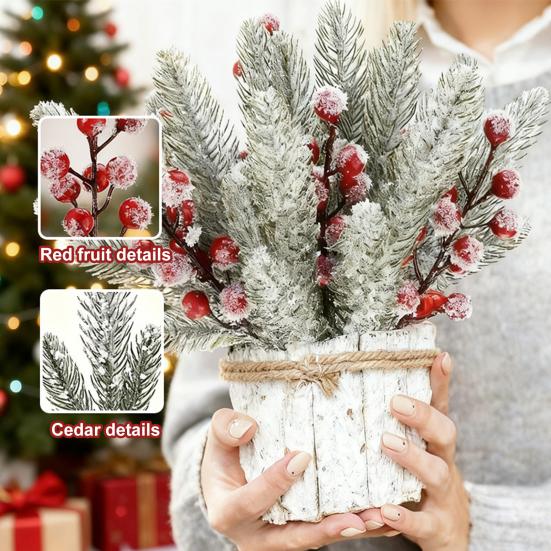 Yousheng 18 Stück Künstliche Verschneite Norfolkkiefer Zweige Rote Beeren Picks Künstlicher Zedernzweig Weihnachts-Stechpalmenbeeren Zweig DIY Vasenfüller Feiertagsdekoration