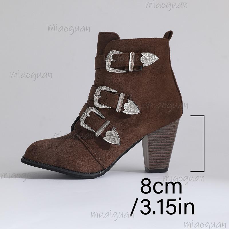 Übergröße 35-43 Damen Gürtelschnalle Stiefeletten Spitze Blockabsatz Reißverschluss Seitlich Modische Booties Braun Herbst Damen Schuhe
