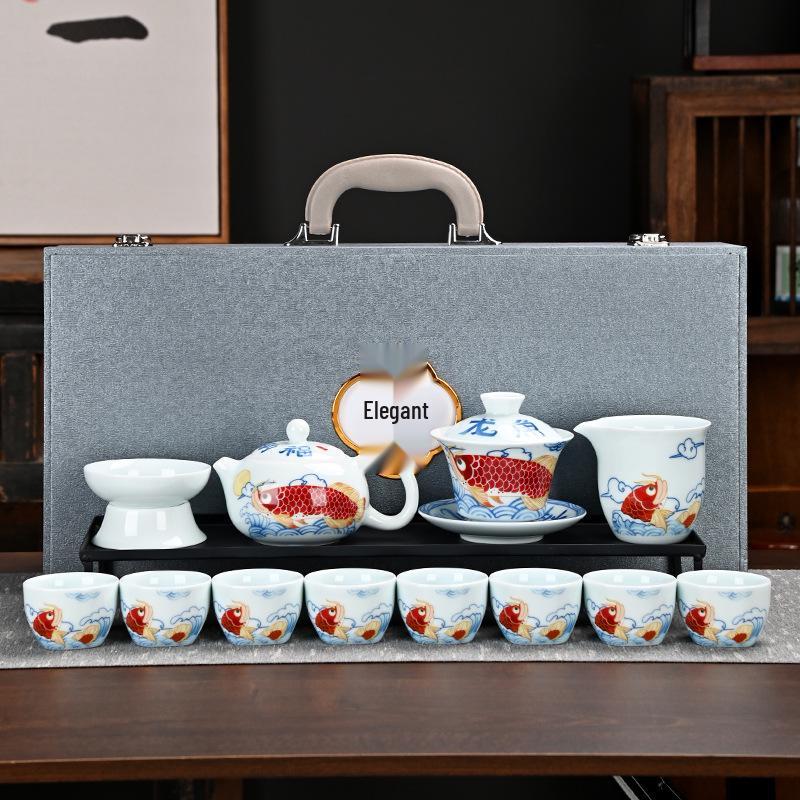 Red Arowana Na Fu Xishi Ceramic Kung Fu Gaiwan Tea Set with Gift Box