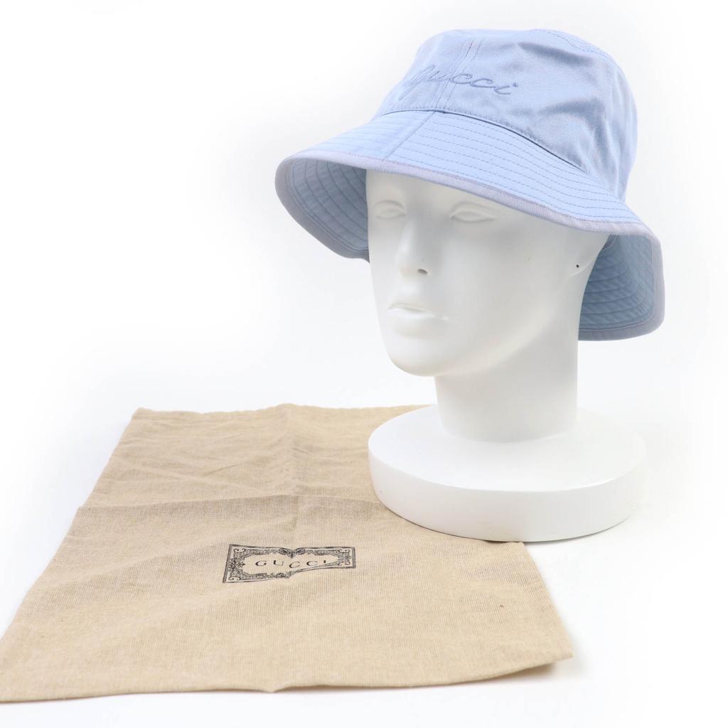 Pristine GUCCI Hat Embroidered Logo Bucket Hat Light Blue Cotton Women S 782733 Used