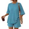 Women Casual Loose Fit Striped Short Sleeve T Shirt with Pocket and Matching Shorts Set Lightweight Comfortable Lounge Wear