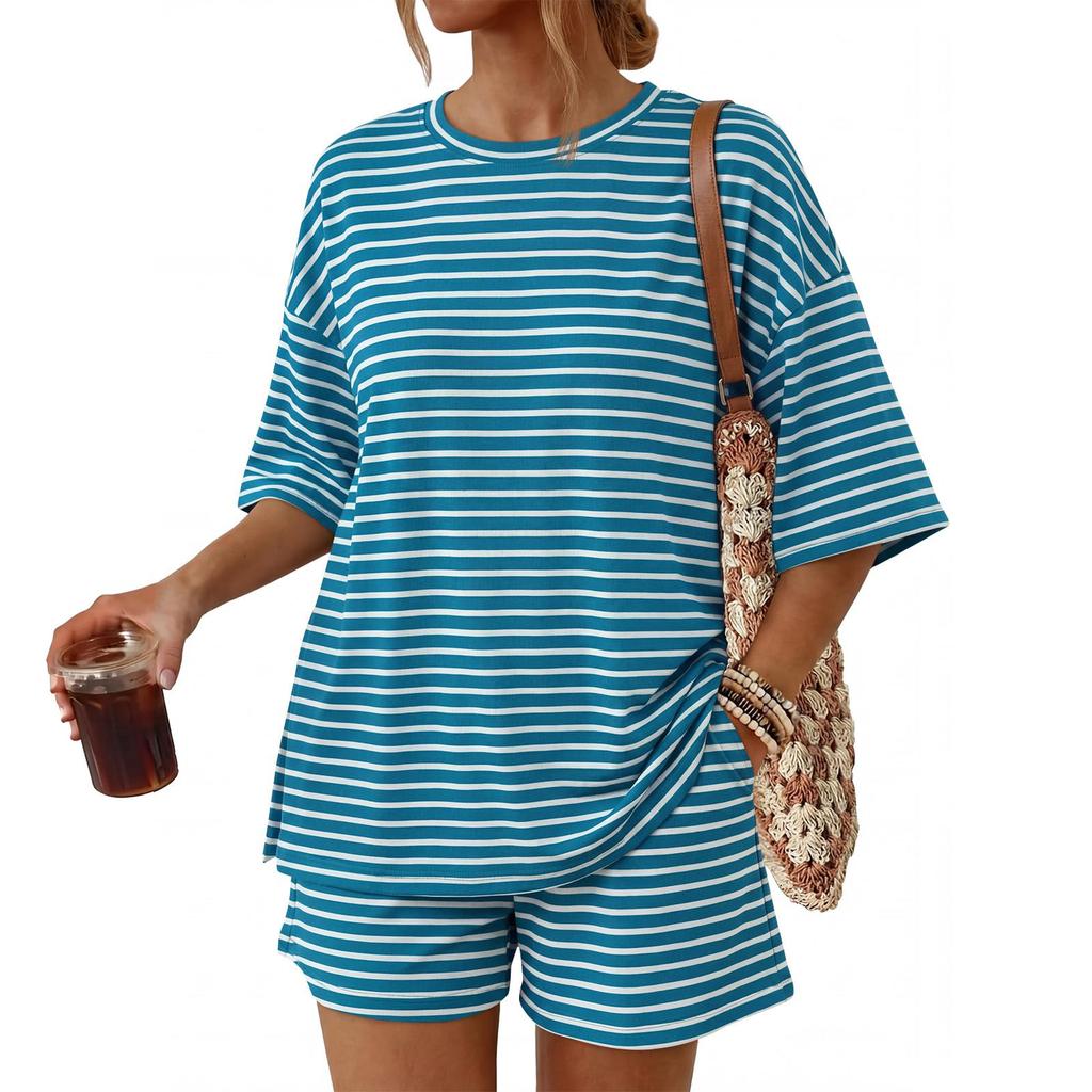 Women Casual Loose Fit Striped Short Sleeve T Shirt with Pocket and Matching Shorts Set Lightweight Comfortable Lounge Wear