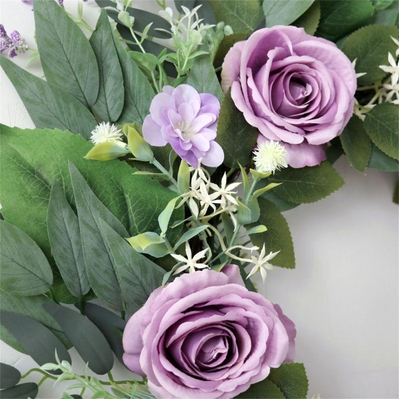 Artificial Flower with Leaf Realistic Purpler Rose Wreath Decoration for Door Window Hallway Farmhouses Wedding Wreath