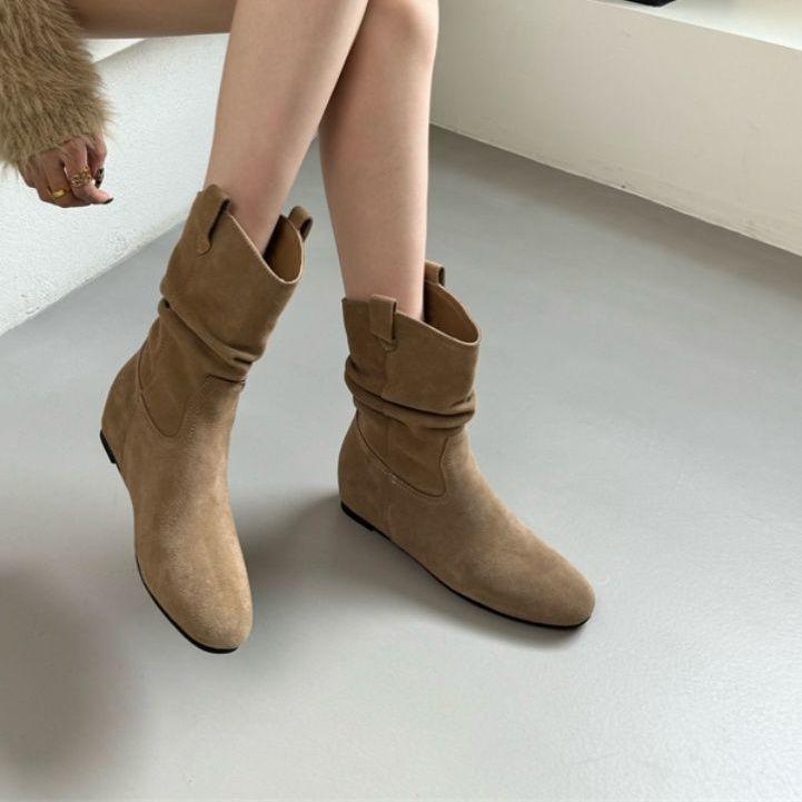 Short Boots Women's Spring and Autumn 2025 New Korean Version Retro Round Head Heightening Fashion Versatile Pleated Fur Martin Boots
