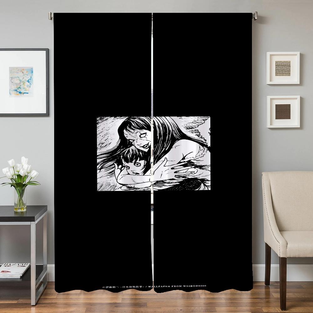 Home Interior Kitchen Curtains for Living Room 2 Pieces Blackout Curtains Door Curtain Junji Ito Bedroom Decoration Partition