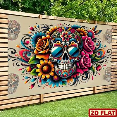 2D Floral Tattoo Skull Sunglasses Background for Halloween & Cinco De Mayo Event Decoration