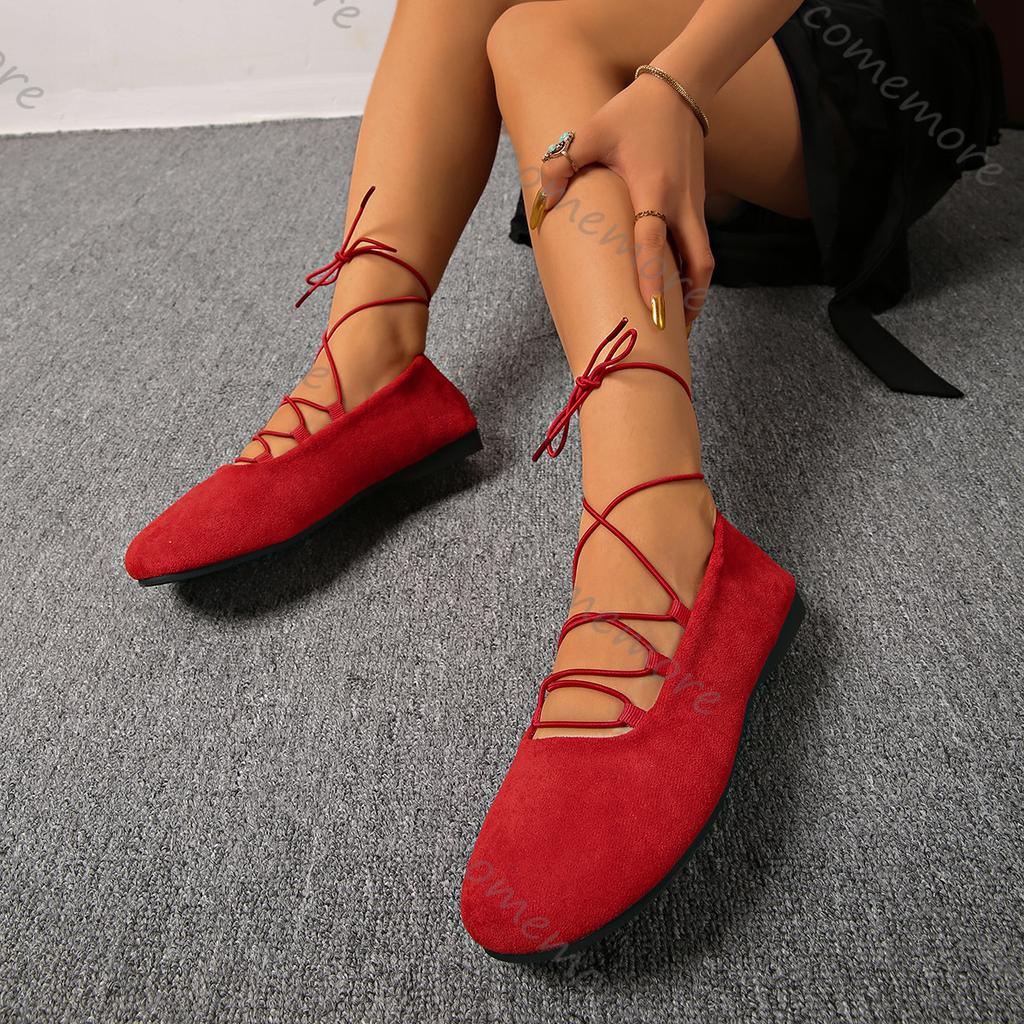 Fashion Comemore Women's Shoes Spring Autumn New Cross Strap Flats Casual Shallow Mouth Single Shoes Round Toe Anke Lace Up Flat Shoe