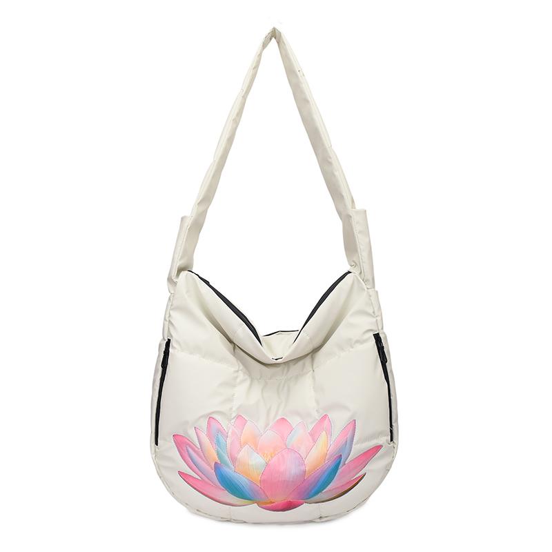 Geräumige gesteppte Hobo-Tasche mit farbenfroher Lotus-Stickerei Modische Umhängetasche für Damen Große Kapazität Tote für Reisen Tägliche Nutzung Weich gepolstert