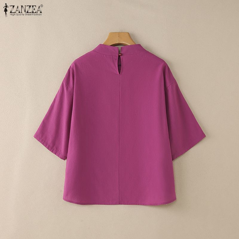 ZANZEA Damen Lässig Stehkragen 3/4-Ärmel Weite Bluse