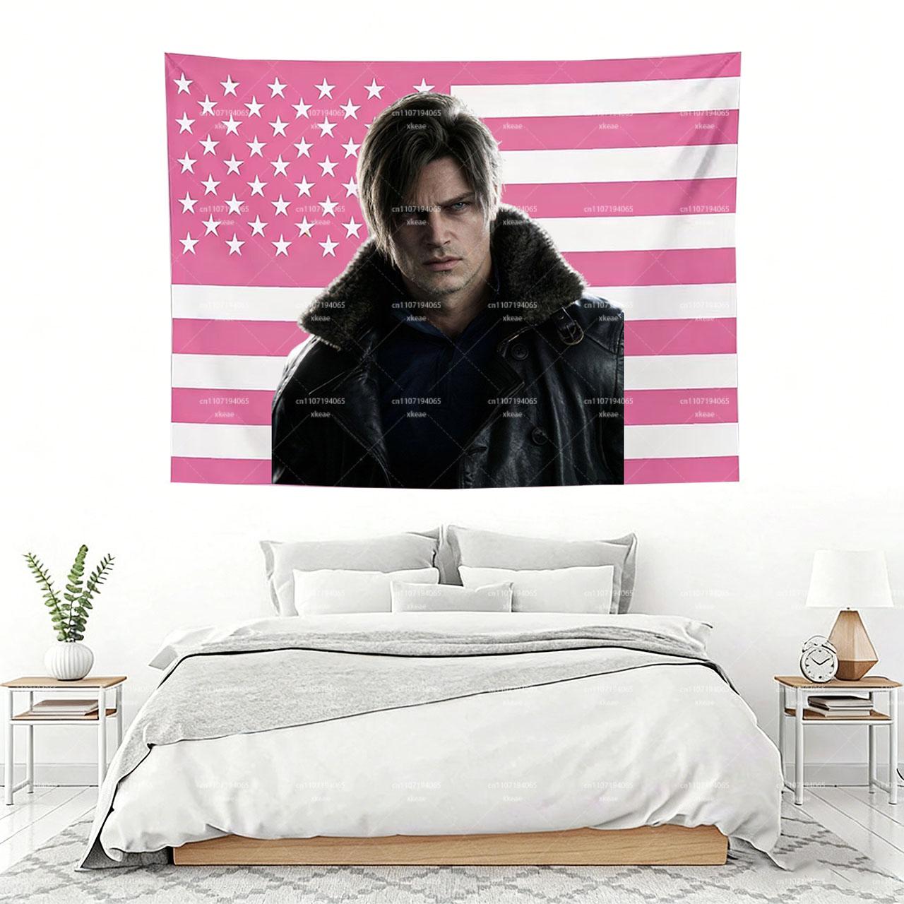 Resident Evil Leon S Kennedy Pink USA Flag Tapestry Video Game Character Wall Hanging Gamer Bedroom  Dorm Decor Soft Fabric 74x94cm(29x37in)