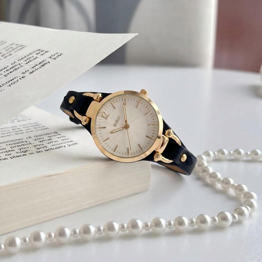 BUREI Ladies' Analog Quartz Waterproof Slim Leather Band Watch Large Dial Simple Stylish Lightweight Women Gift Gold Black Leather