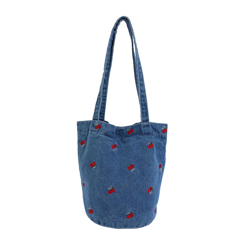 Korean Canvas Embroidered Denim Bucket Bag - Summer 2026 Women's Casual Handbag