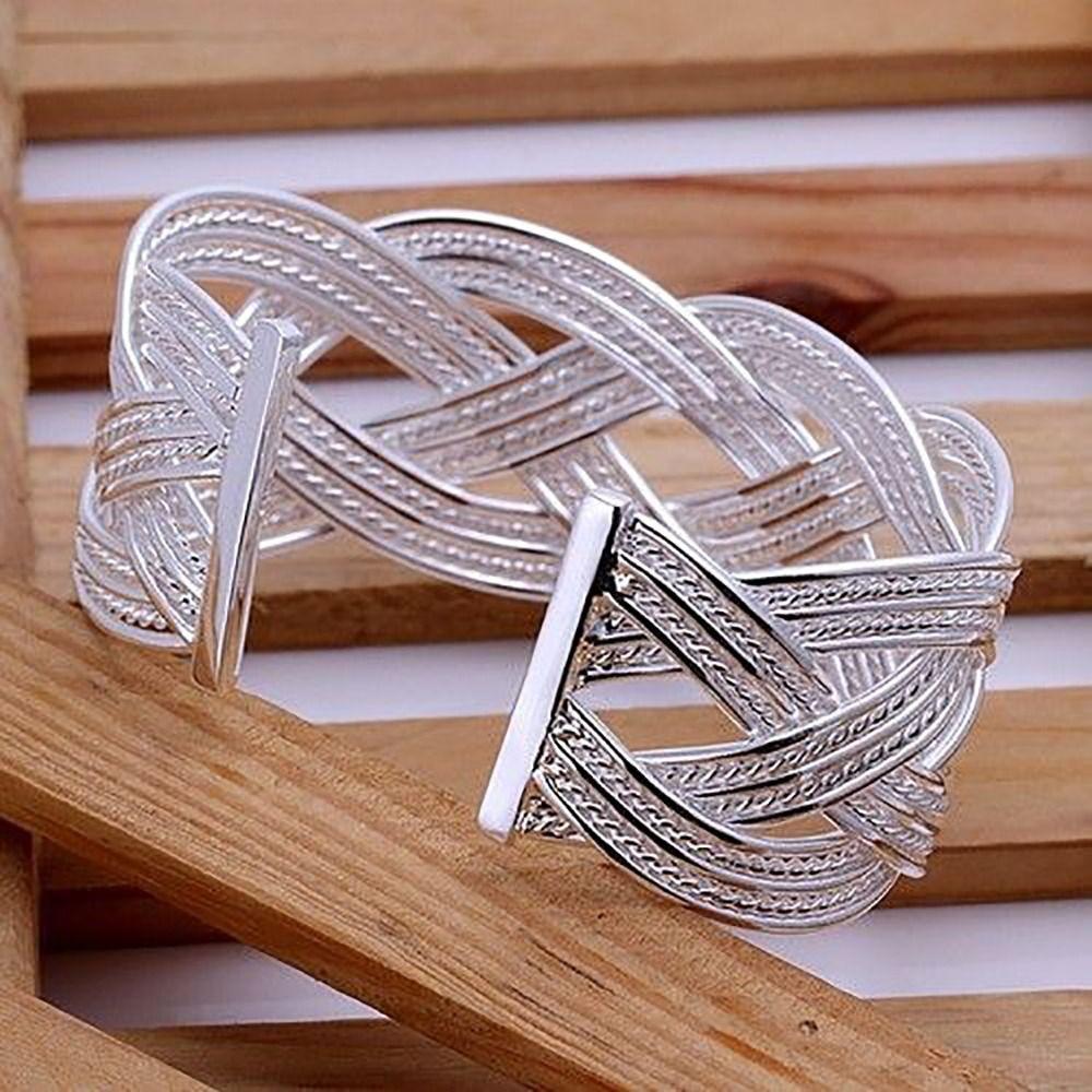 Resizable Wide Open Bangle Silver Woven Bracelet Unique Hollow Charm Bracelet  Gift