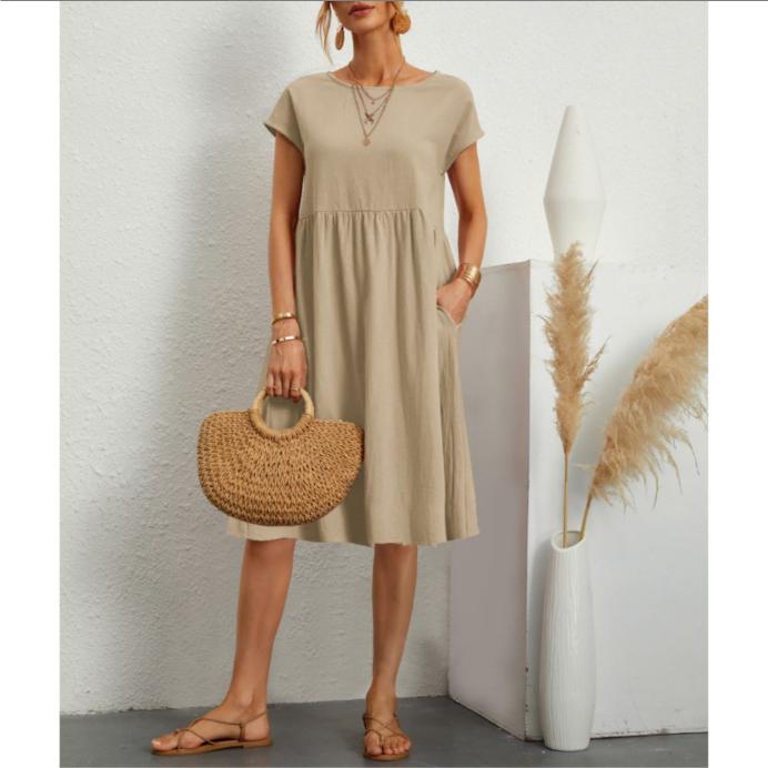 Women Vintage Solid Dress Summer Elegant O Neck Short Sleeve Cotton Linen Dresses Female Casual Loose Sundress Long Dress