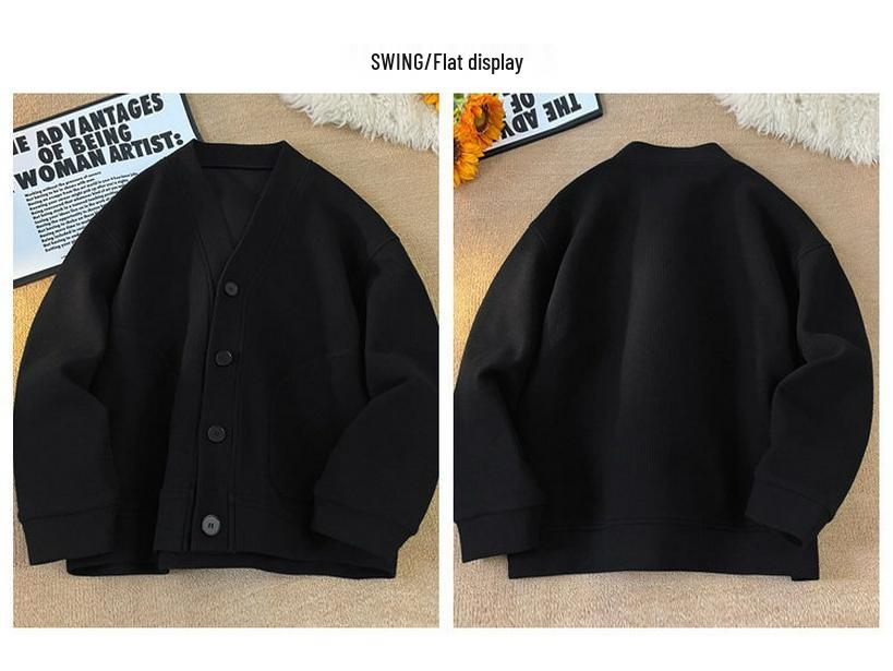 Men's Retro Waffle Knit V-Neck Cardigan Hoodie – Spring/Autumn Heavyweight Loose Casual Jacket.
