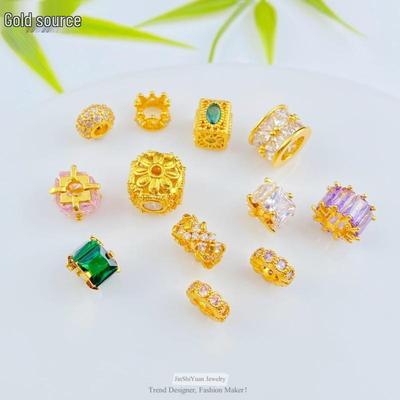 24K Gold Zircon Large Hole Spacer Beads - High Retention Copper Plated Barrel Flower Crown for DIY Bracelets