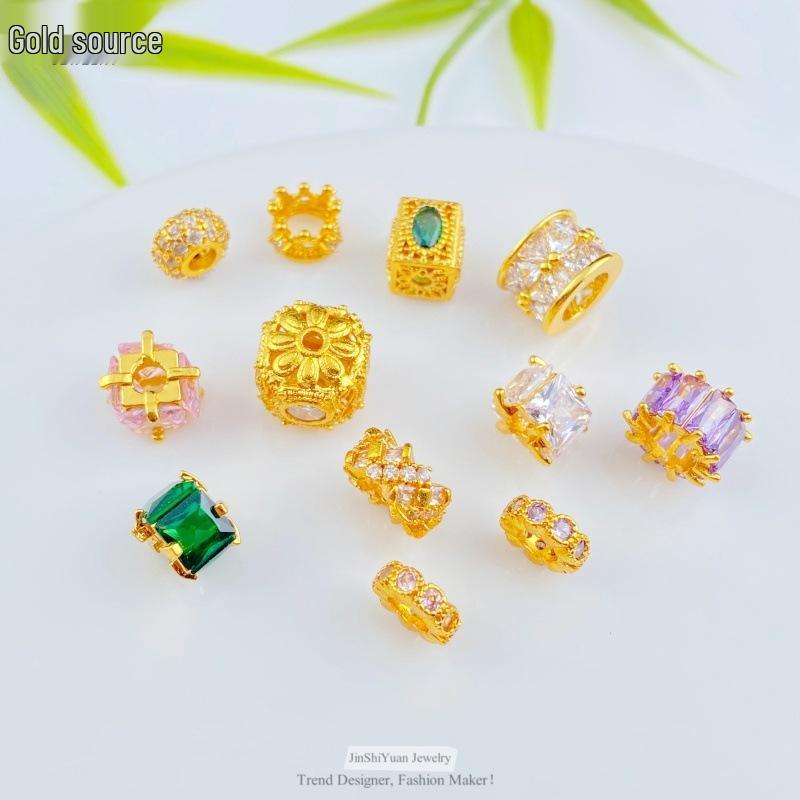 24K Gold Zircon Large Hole Spacer Beads - High Retention Copper Plated Barrel Flower Crown for DIY Bracelets