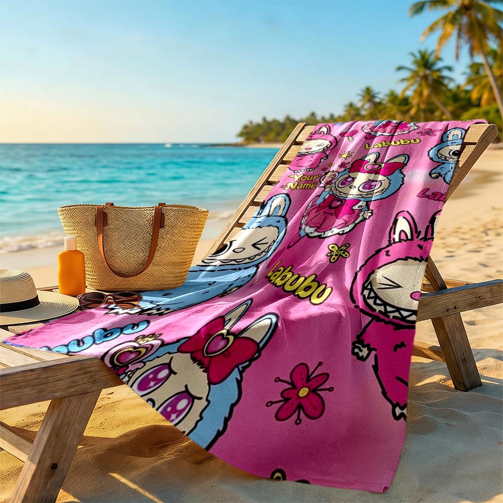 Labubu Customizable Name Beach Towel Quick-Dry Soft Microfiber Ideal for Travel Outdoor Swim Pool Yoga Surf Camping Hiking Gym Gift Holiday