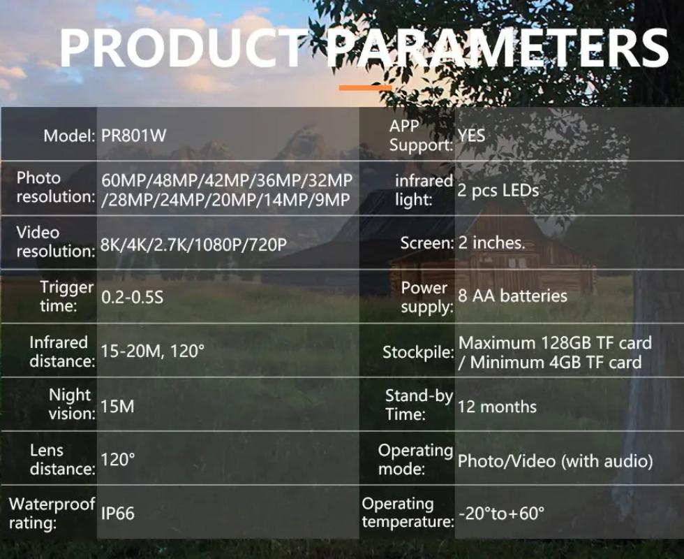 2025 8K WiFi Waterproof Trail Camera PR801W 60MP Supports APP Viewing for Outdoor Animal Hunting Night Vision and Farm Monitoring