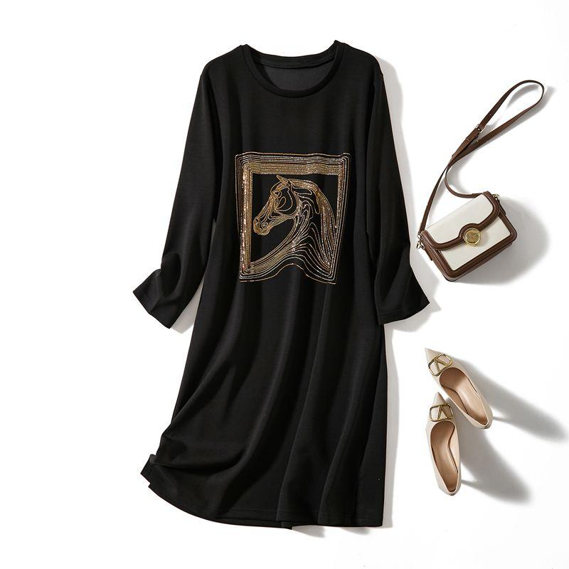 

Casual Loose Street Skirt! Women Nine-Quarter Sleeve Combed Cotton Large Area Water Soluble Drill Horse Head Dress Loose Autumn and Winter Black Big Welfare Skirt