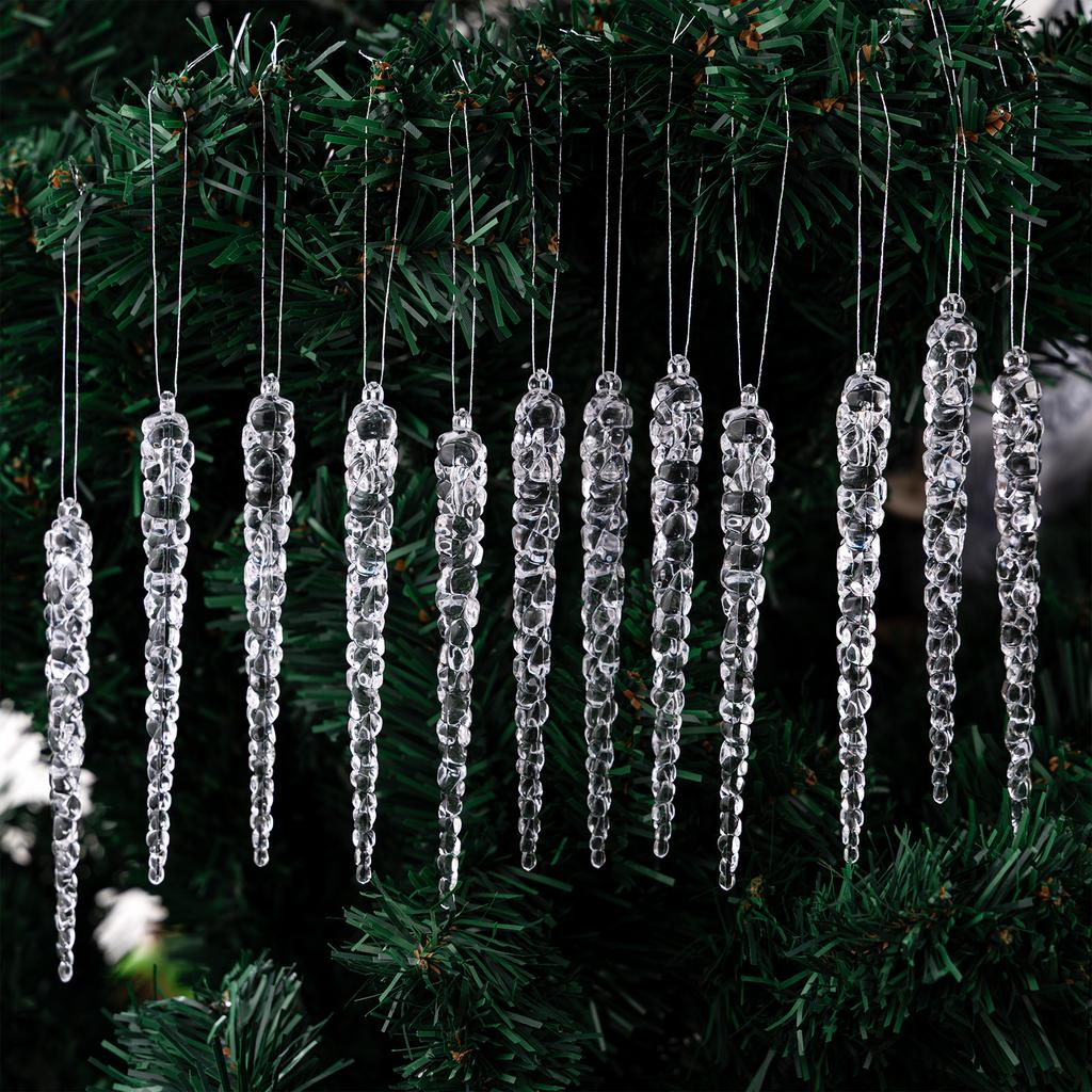12Pcs Christmas Icicle Ornaments Hanging Acrylic Crystal Christmas Ornaments Clear Plastic Icicles Christmas Tree Decorations