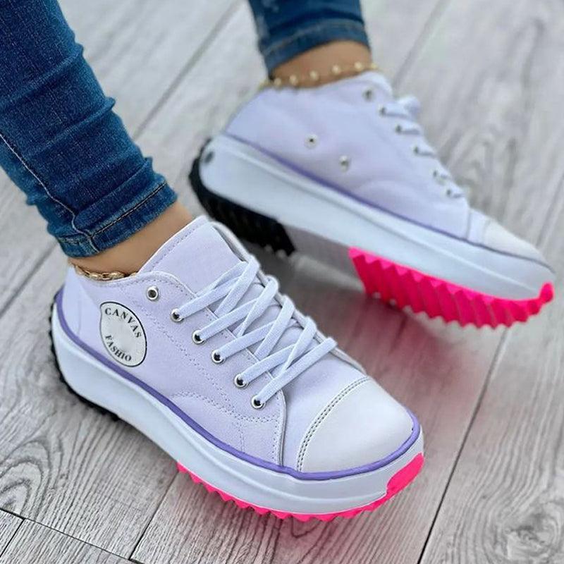 Scarpe di Tela Primavera Estate da Donna Moda Colore Caramella Sneakers con Zeppa Allacciatura Scarpe Singole da Donna Scarpe Piatte Casual da Donna