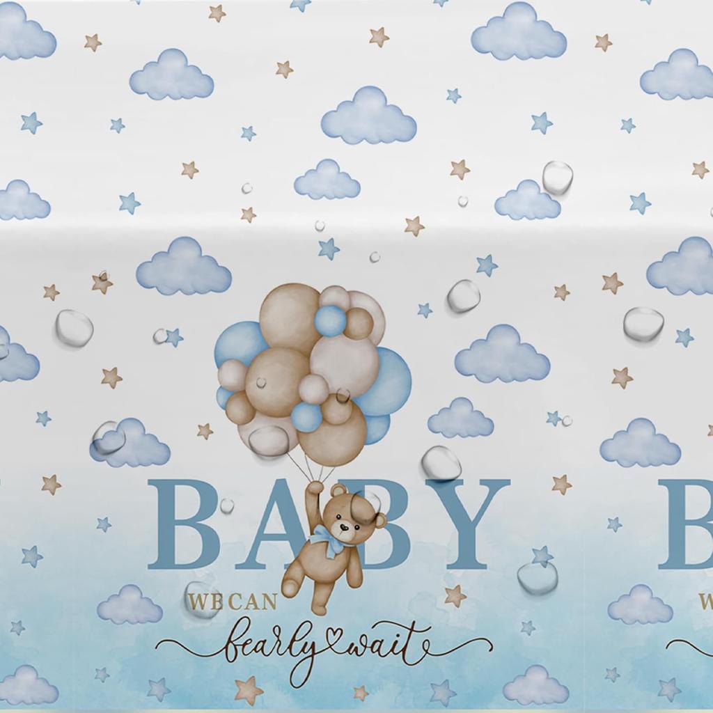 3 Pack Bear Baby Shower Decorations Tablecloth for Boy - Blue Bear We Can Bearly Wait Baby Shower Decorations Party Supplies Table Cover,54in x 108in
