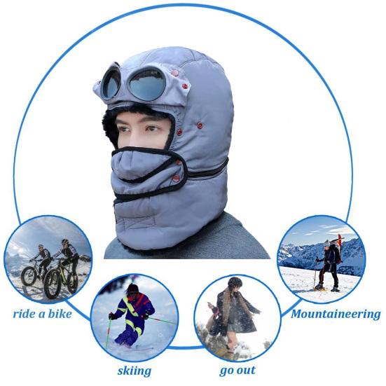 Riding Headgear Thermal Hat with Detachable Scarf Zipper Design Windproof Glasses Skiing Riding Winter Hat