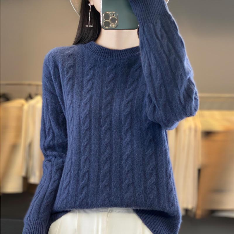 Women's 2024 Autumn/Winter Wool Sweater: Round Neck, Thickened, Solid Color, Korean Style, Cable Knit, Elegant & Versatile Base Layer