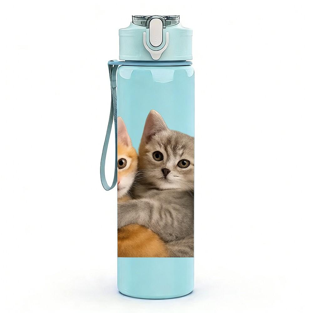 1PC Two Kittens Hugging Each Other 750ml Color Plastic Sports Water Bottle Leakproof Flip Straw Lid Suitable for Sports Office Home Use