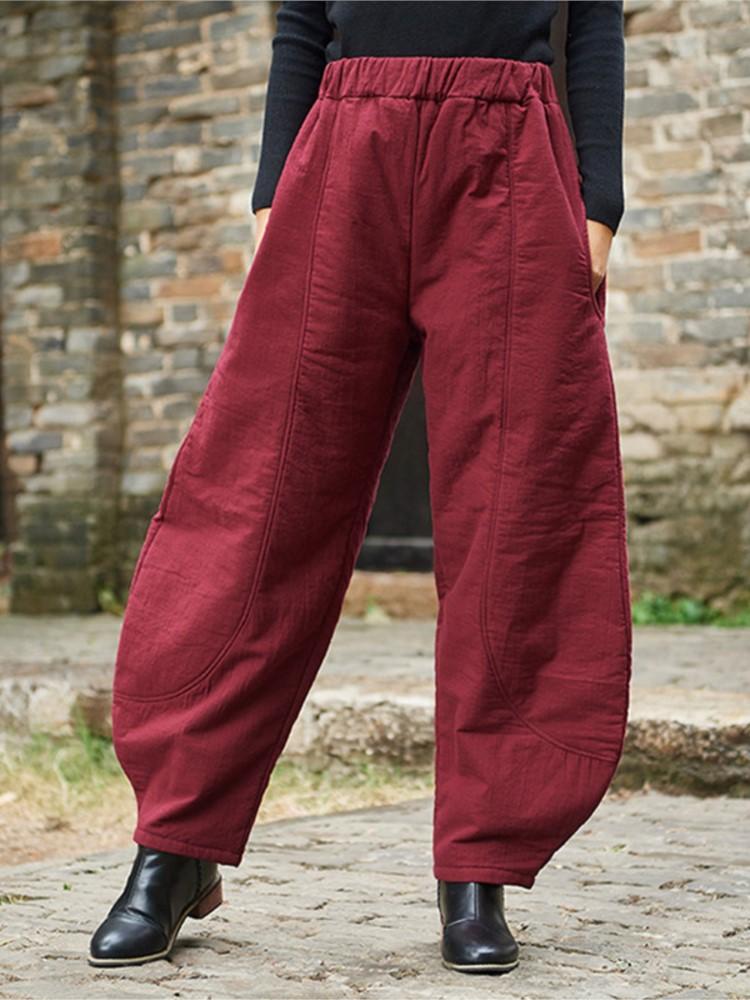 Johnature Winter Vintage Loose Cotton Linen Elastic Mid Waist Pants Solid Color Thicken Warm Women Pants