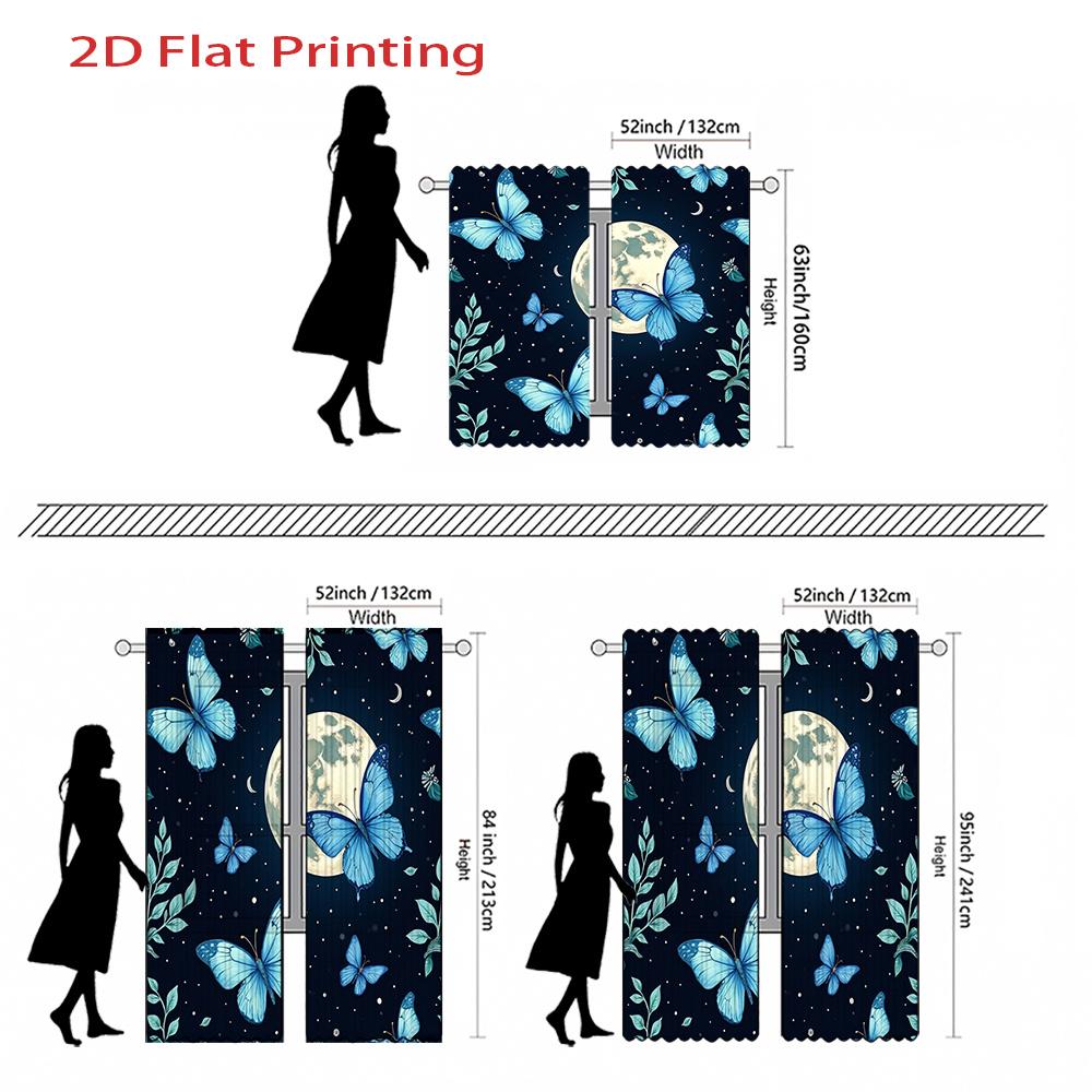 2D Flat, 2pcs Blue Butterfly Moon & Stars Night Sky Curtains with Dark Blue Leaf Pattern - Semi-Sheer Window Drapes for Living