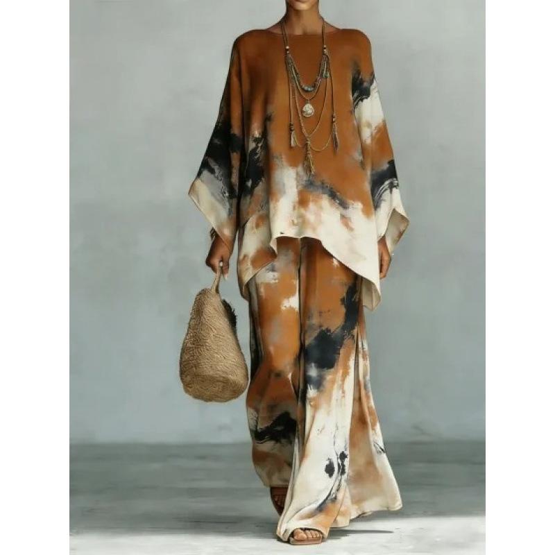 New round neck bat sleeve printed loose set bohemian lazy casual two-piece set