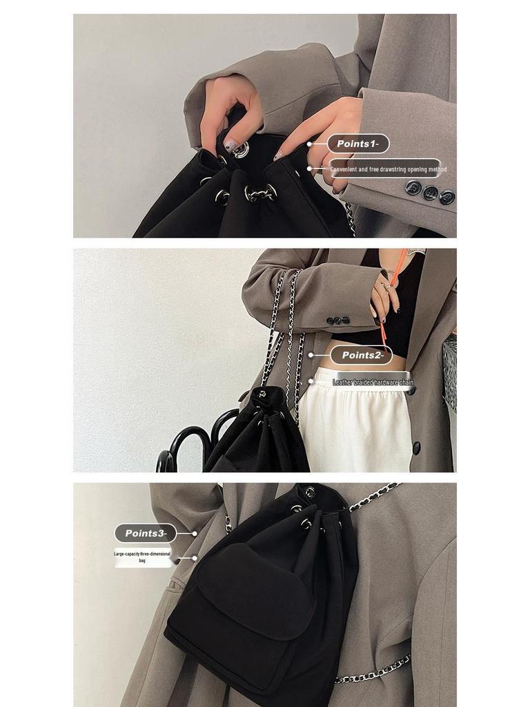 Women's 2025 Black Silk Chain Bucket Bag: Retro Double Shoulder Backpack with Large Capacity