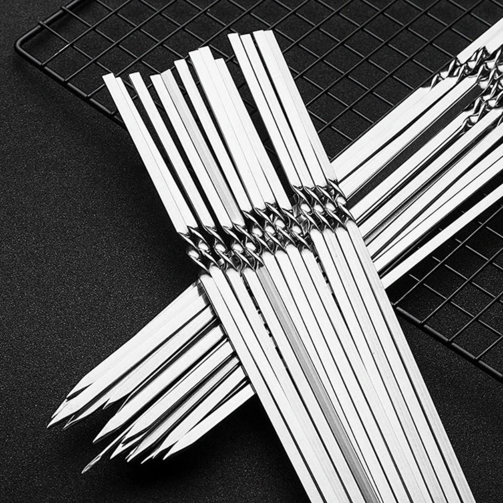 20Pcs Long Flat Kabob Skewer Stainless Steel Grilling Roast Stick BBQ Needle Stick  Outdoor Picnic