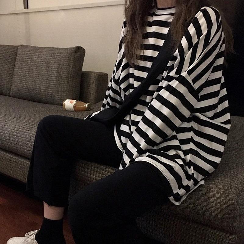 

Autumn Striped Loose Long Sleeved T-shirt for Women 2XL