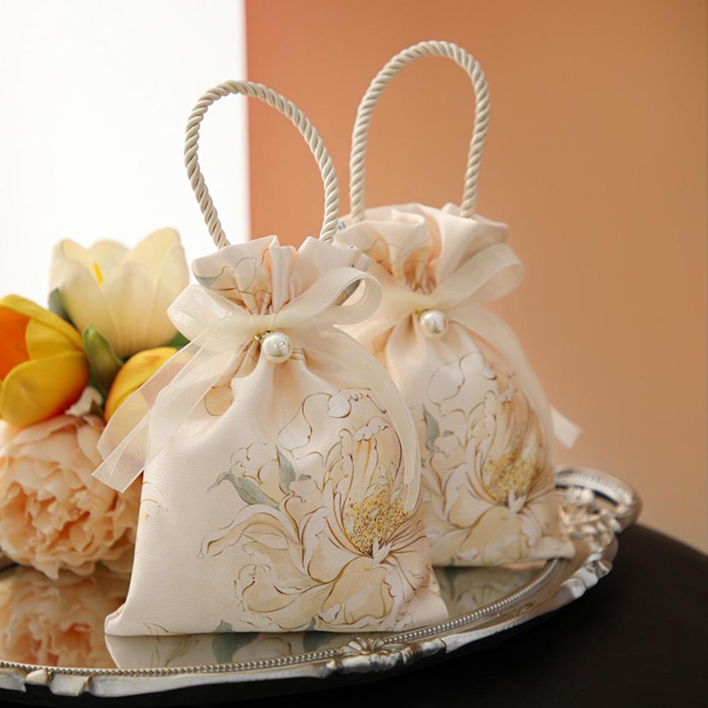 

Cloth Wedding Gift Bags Floral Print Tote Bag Elegant Candy Drawstring Bag