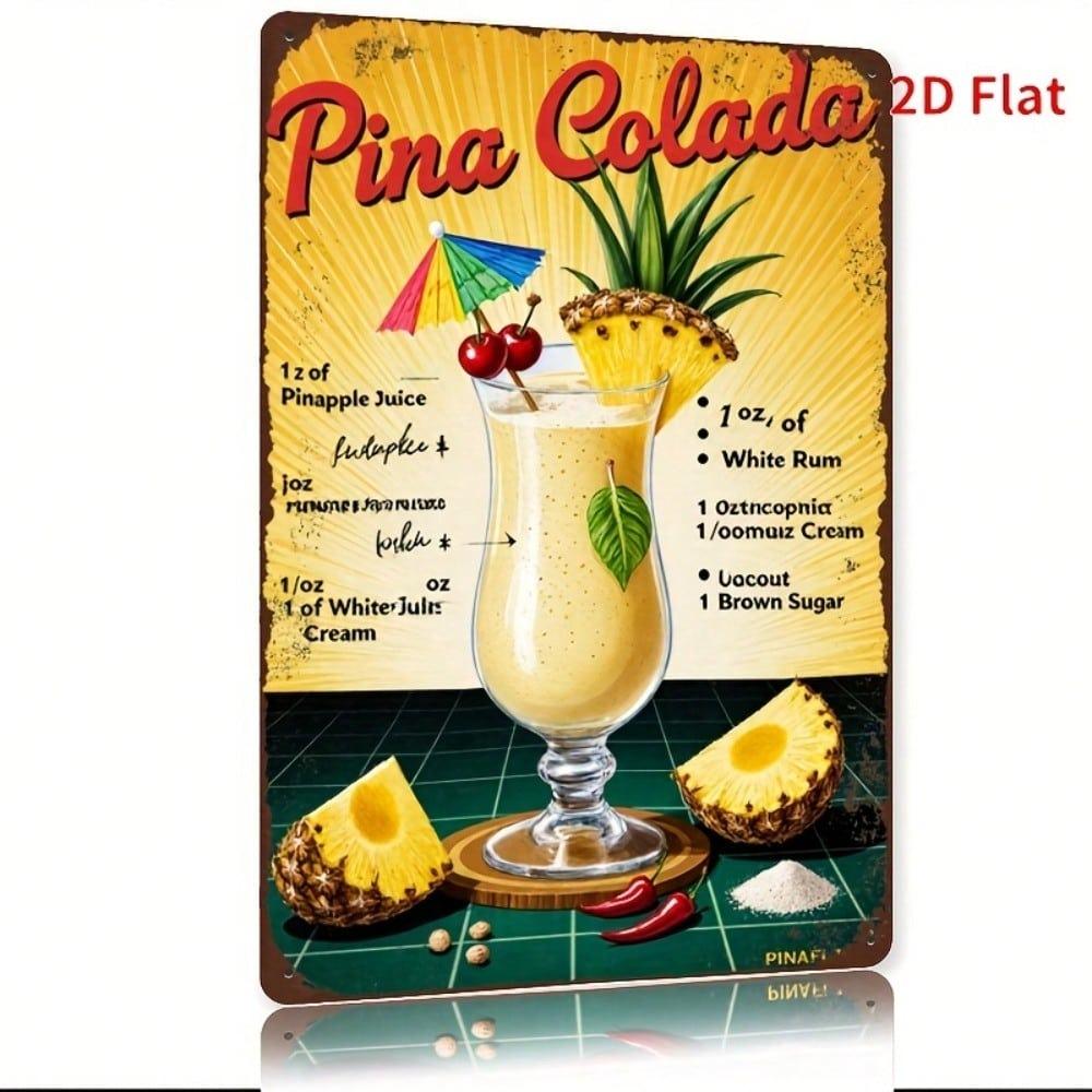Vintage Metal Tin Sign Retro Pina Colada Cocktail Iron Wall Art Pineapple Design 8x12 Inch
