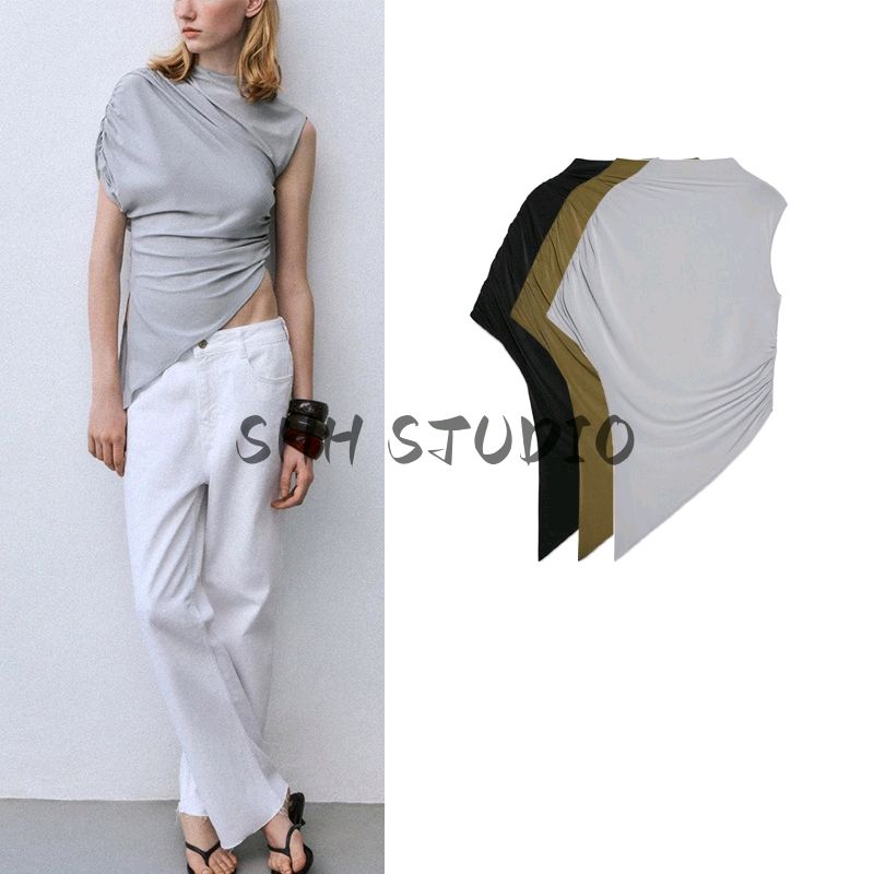 Spring New Women's Clothing French Stand Collar Sleeveless Asymmetric Design Elegant Fashion Tops 1131346