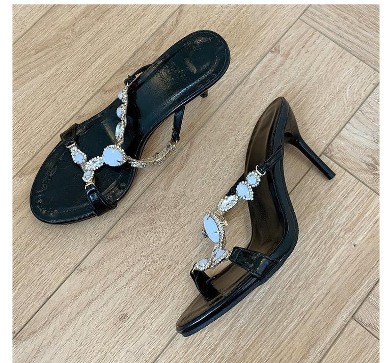 

New beautiful rhinestone round head with high heels cool slippers gold retro thin heels half drag outside wear 40