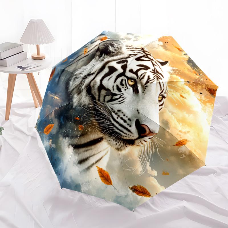 1 PC Automatic Folding Umbrella - White Tiger with Falling Leaves Pattern, Portable & Foldable Design with 8 Ribs, Christmas Birthday Gifts
