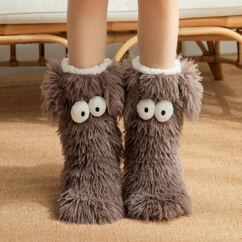 Hot Women's Winter Kawaii Big Eyes Slipper Socks with Puppy Ears Cartoon Non-slip Floor Socks Warm Thickened Coral Stockings
