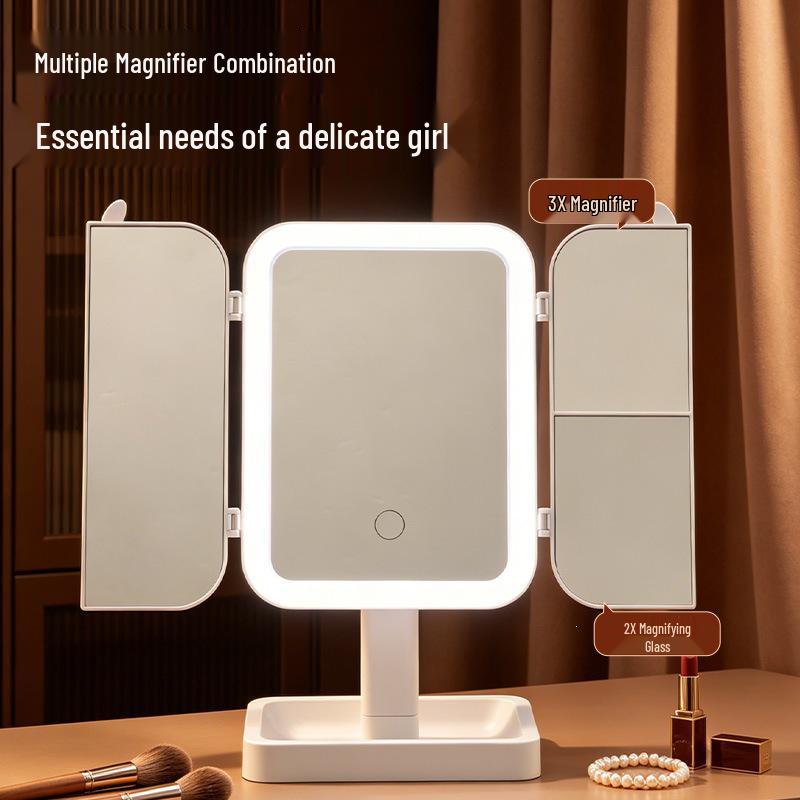 LED-Lit, Double-Sided, Triple-Fold Makeup Mirror with Rotating Desktop Stand and Three-Color Dimming for Girls