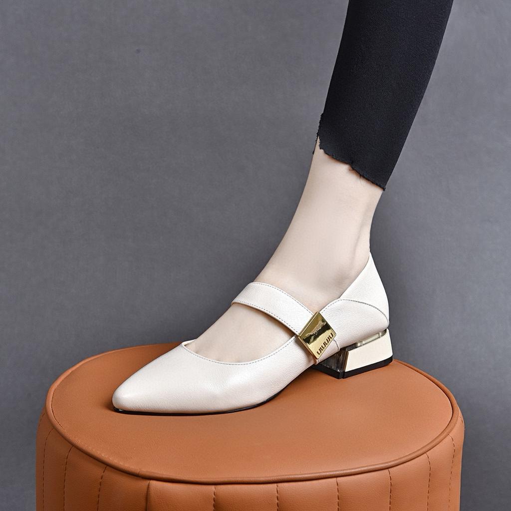 Pointed single shoes Mary Jane shoes spring simple temperament light mouth low heel square buckle women's flat shoes