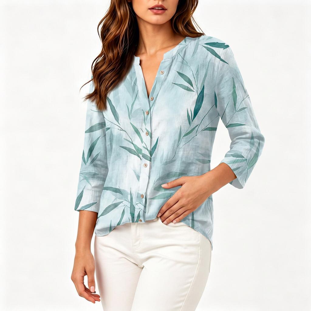 Women Cotton Linen Shirt Henley Button Neck Floral Print Three Quarter Sleeve Casual Blouse Lightweight Breathable Top