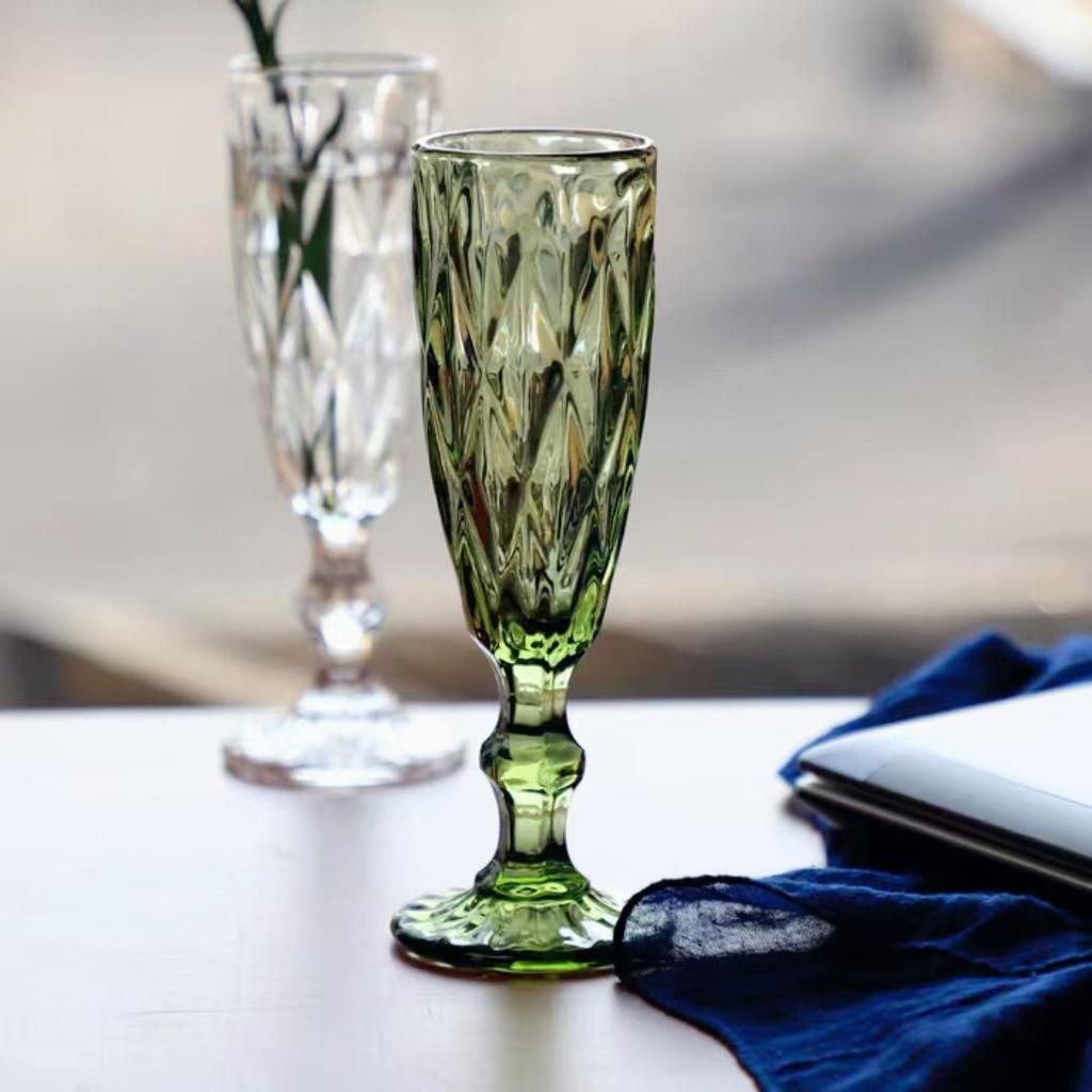 Vintage Tall-Stemmed Champagne and Wine Glasses, Embossed Thickened Juice Cups, Retro Cocktail Style
